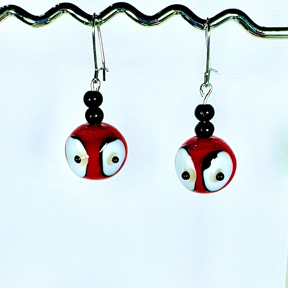 Earrings Pierced Handcrafted HALLOWEEN ALIENS Red Ball Bead with Huge Eyes EEK!